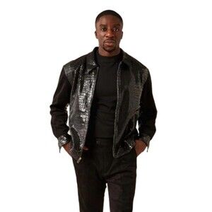 NEW Inserch Mens Size 2XL Glossy Black Alligator Embossed Zip Jacket Faux Suede